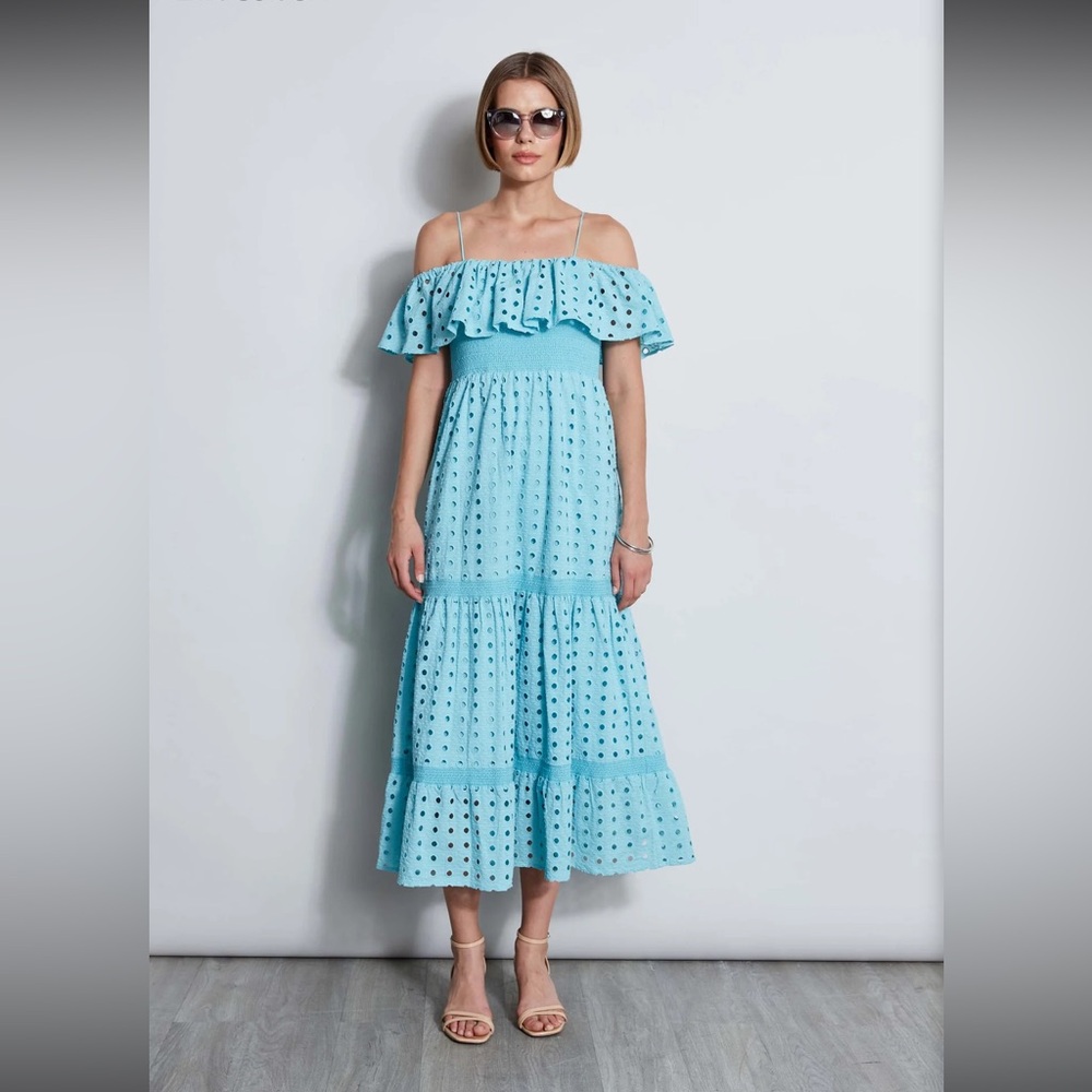 T Tahari Sky Blue Ruffle Eyelet Midi Dress